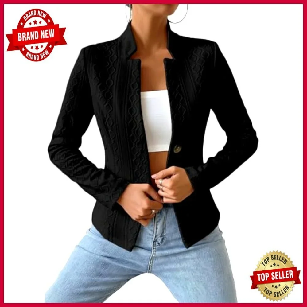 Petite Jacquard Knit Blazer Slim Fit V-Neck Stand Collar Work Coat